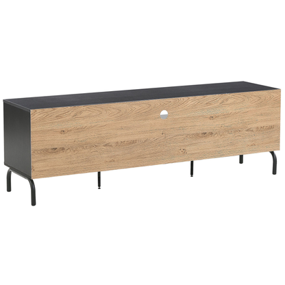Black And Light Wood Particle Board TV Stand With Metal Legs And Drawer Storage For 70 Inch TVs