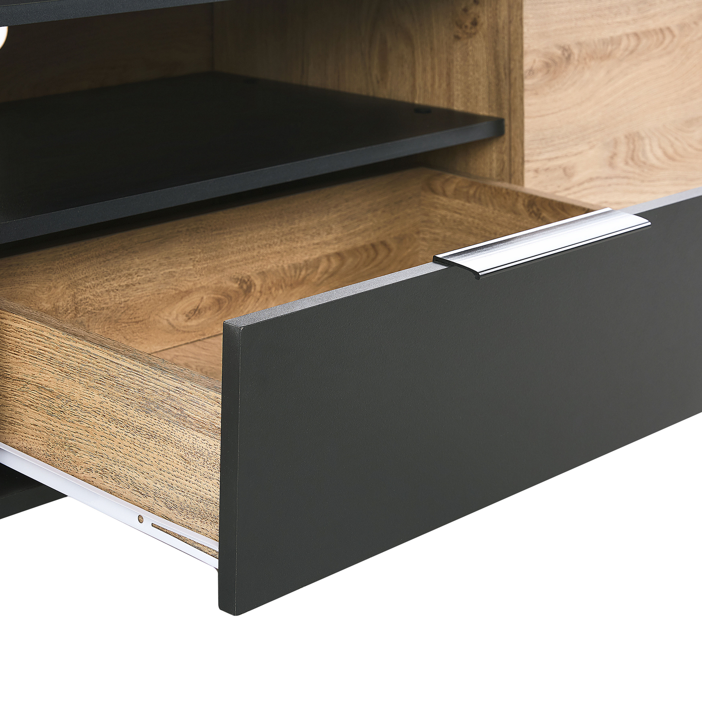 Black And Light Wood Particle Board TV Stand With Metal Legs And Drawer Storage For 70 Inch TVs