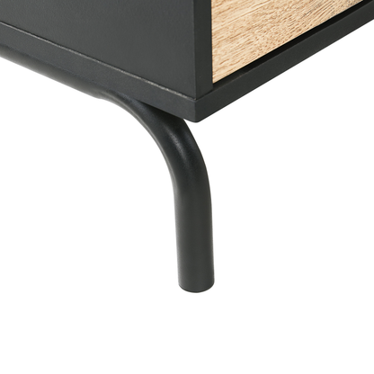 Black And Light Wood Particle Board TV Stand With Metal Legs And Drawer Storage For 70 Inch TVs
