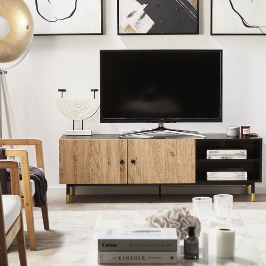 TV Stand 65In Black And Light Wood With Metal Legs And Shelves