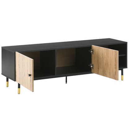 TV Stand 65In Black And Light Wood With Metal Legs And Shelves