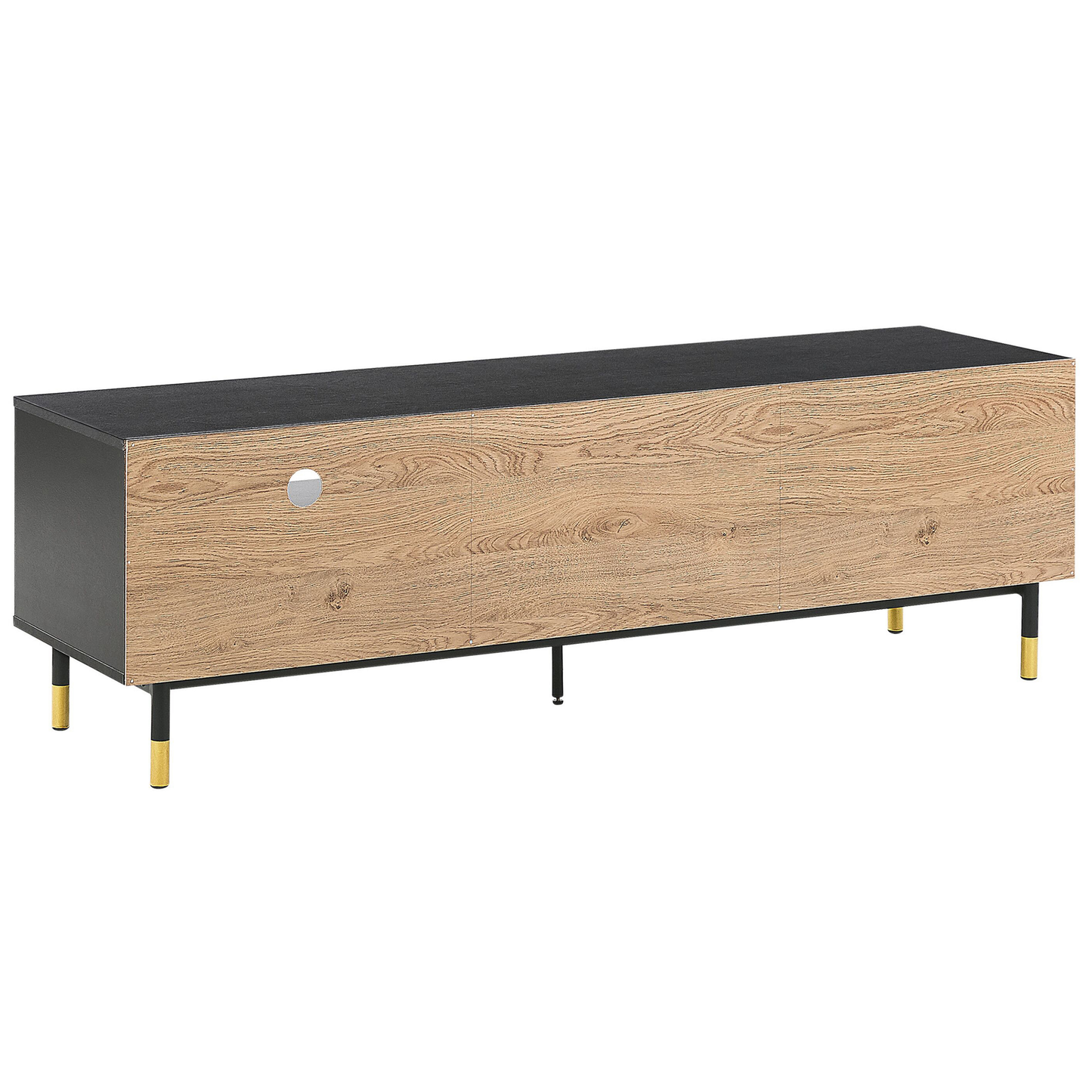 TV Stand 65In Black And Light Wood With Metal Legs And Shelves