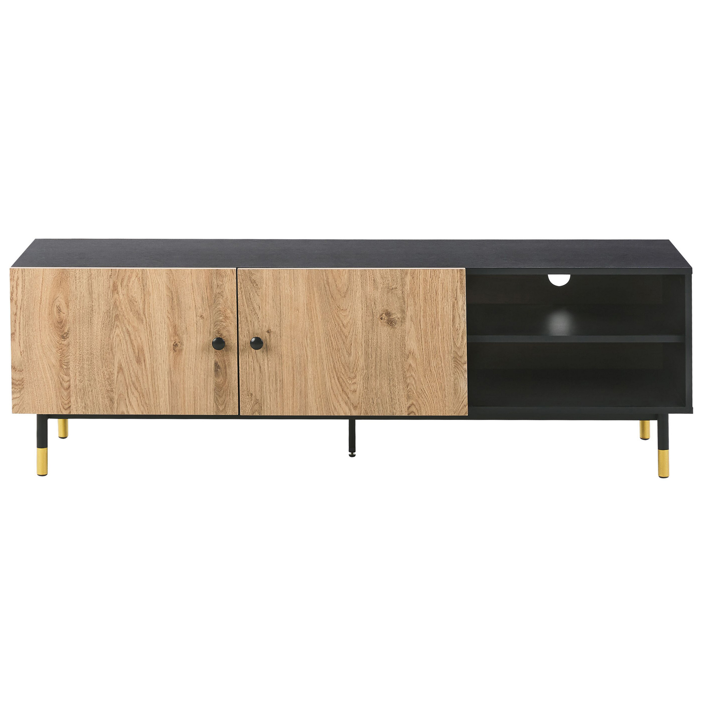 TV Stand 65In Black And Light Wood With Metal Legs And Shelves