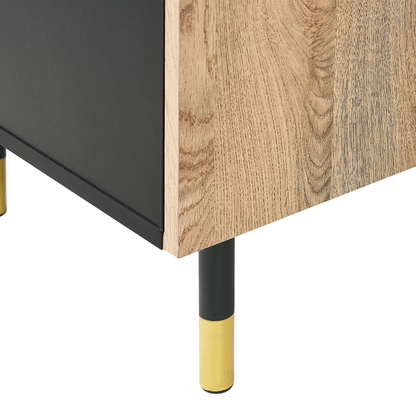 TV Stand 65In Black And Light Wood With Metal Legs And Shelves