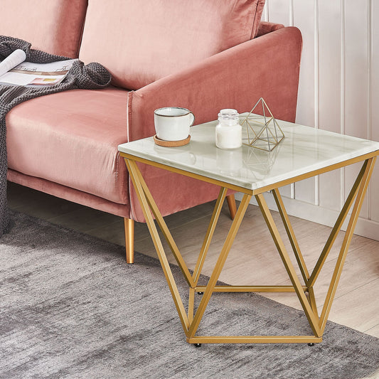 Side End Table Marble Effect With Gold Metal Frame 50 x 50cm