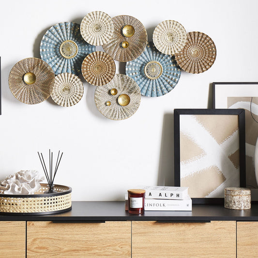 Blue Beige Circles Metal Wall Art Modern 3D Display