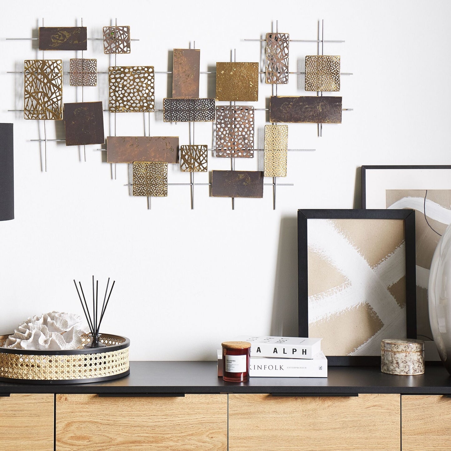 Geometric Gold Metal Wall Art Modern Silver Backing