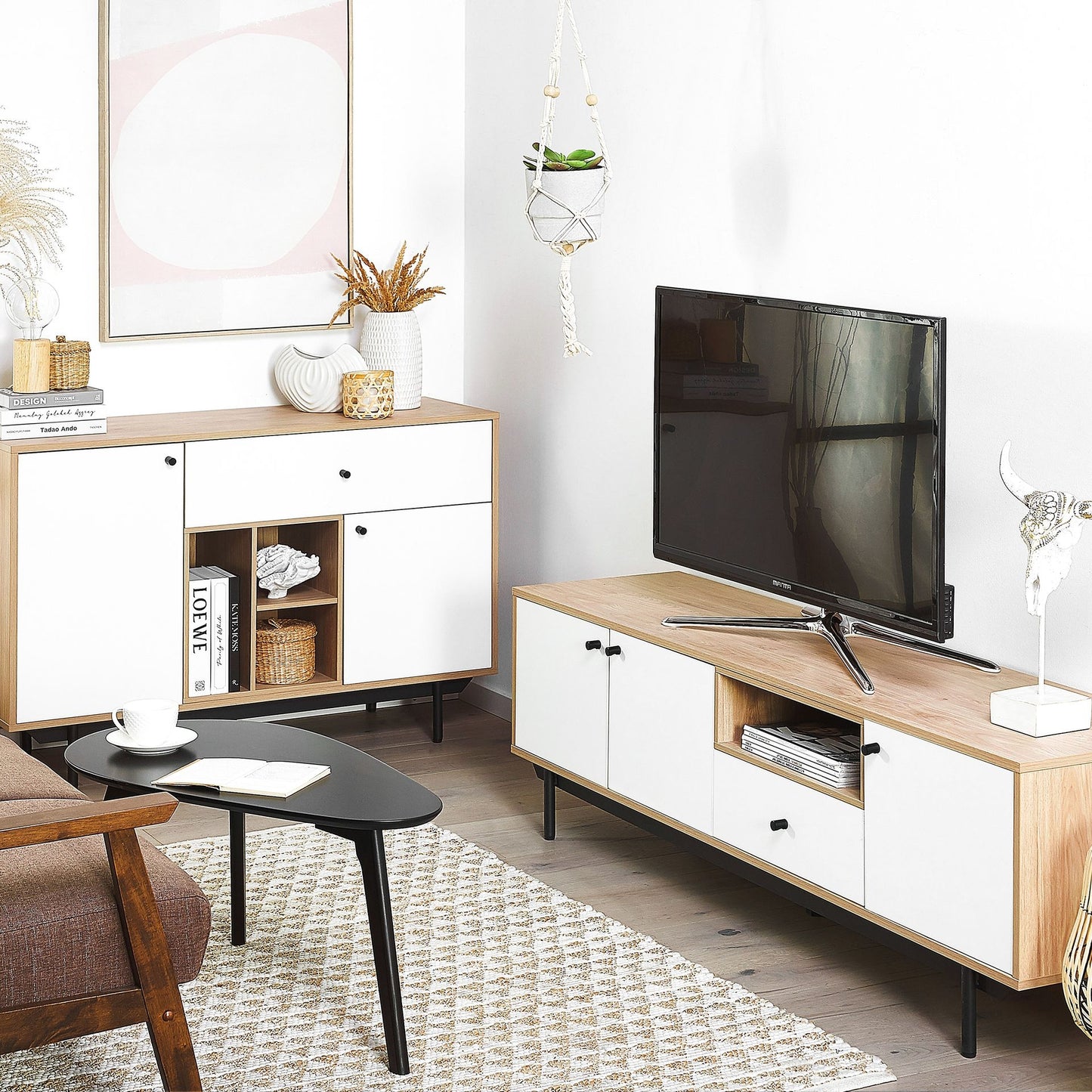 TV Stand Engineered Wood Light Brown White For 75 Inch TV