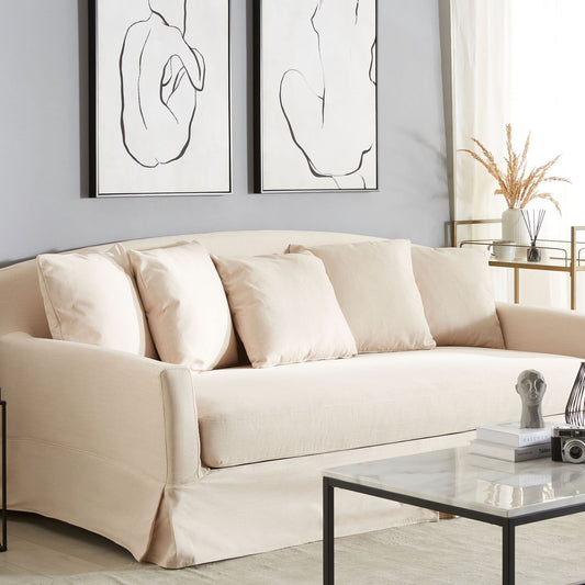 Beige Polyester Sofa Slipcover For 3 Seater Couch Rectangular Cover Easy Care Machine Washable