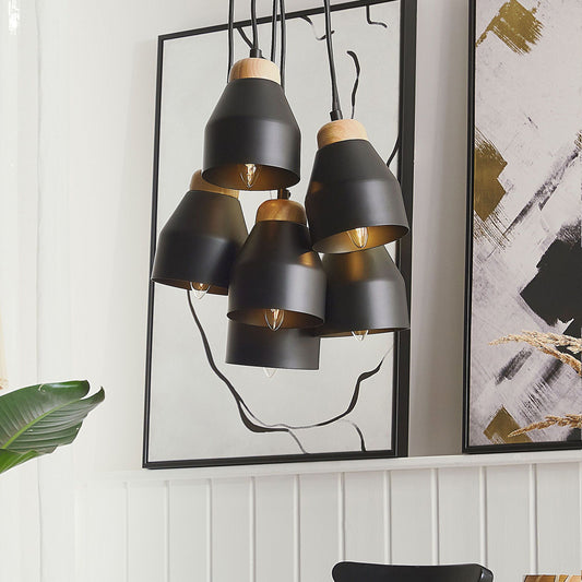 Cluster Pendant Lamp Black Metal And Light Wood 6 Lights