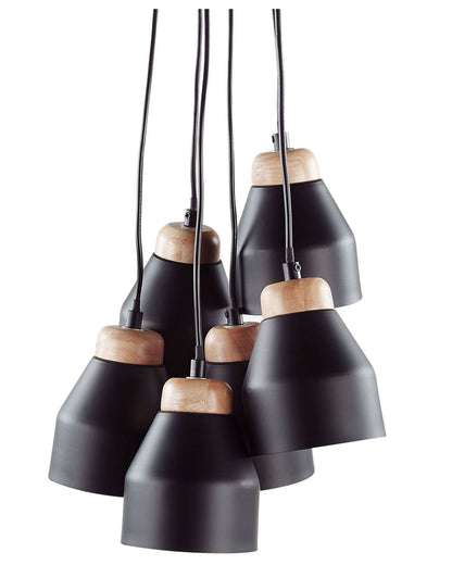 Cluster Pendant Lamp Black Metal And Light Wood 6 Lights