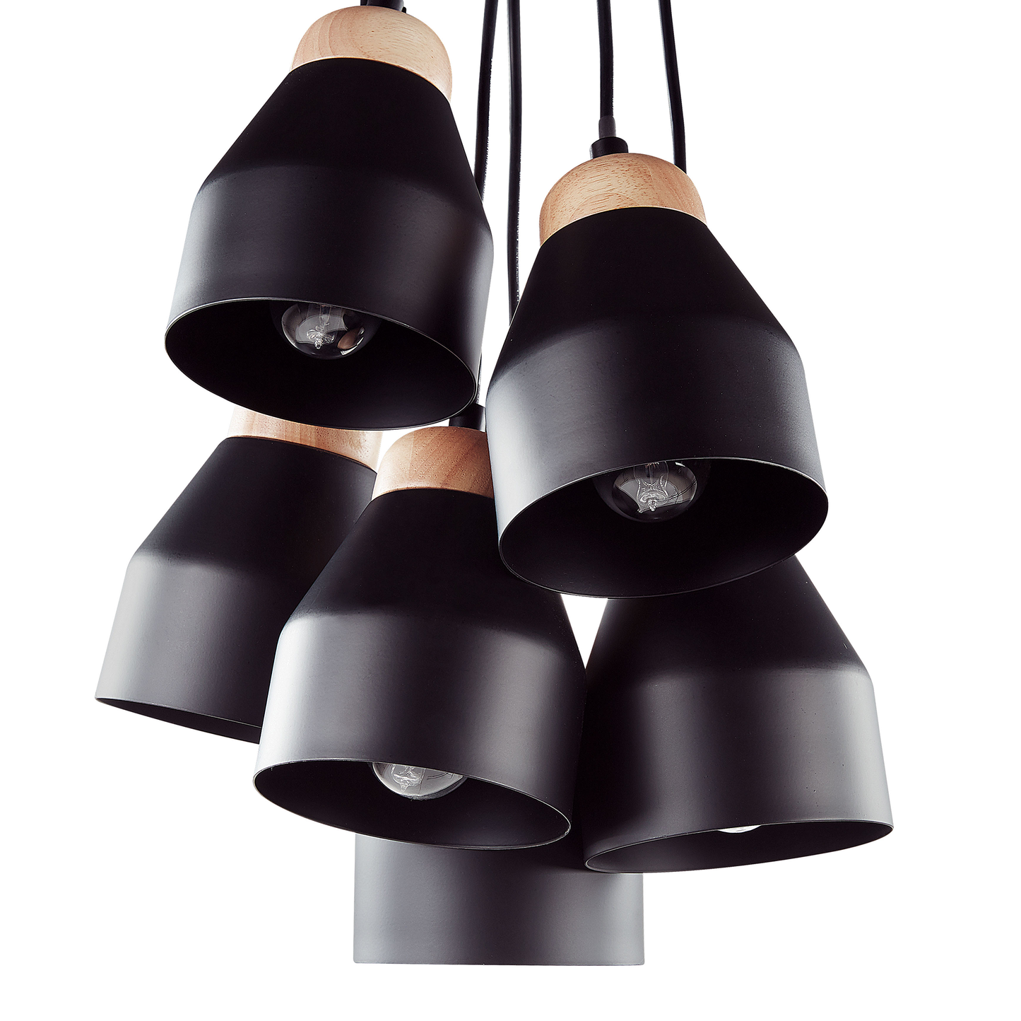Cluster Pendant Lamp Black Metal And Light Wood 6 Lights