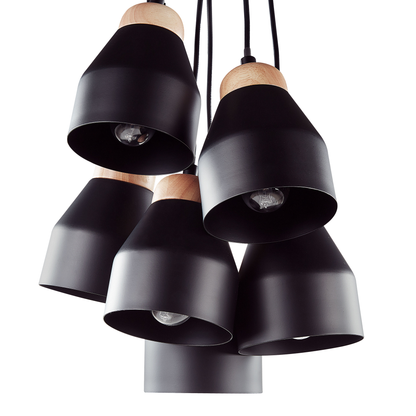 Cluster Pendant Lamp Black Metal And Light Wood 6 Lights