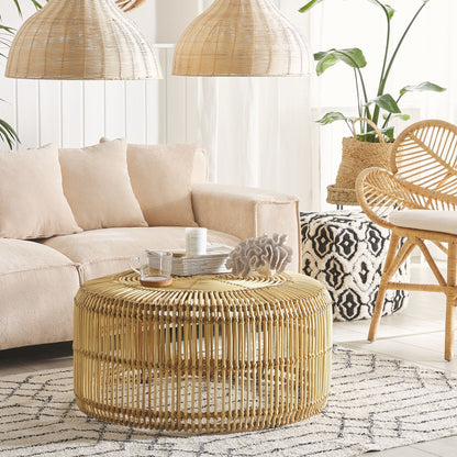 Rustic Light Wood Rattan Coffee Table 84cm With Iron Drum Frame