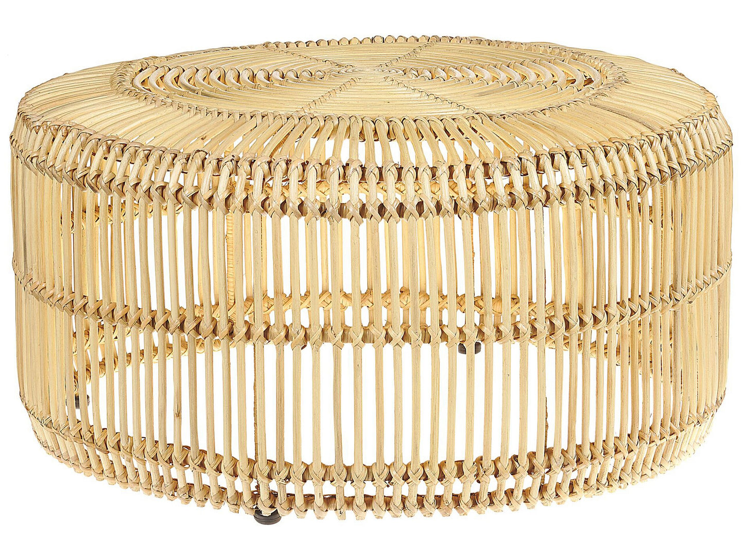 Rustic Light Wood Rattan Coffee Table 84cm With Iron Drum Frame