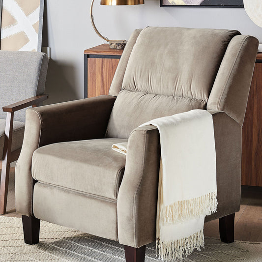 Taupe Velvet Recliner Chair Push-Back Footrest