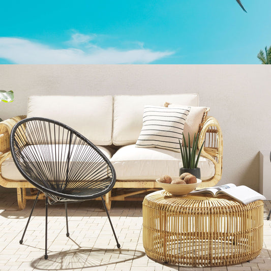 Garden Chair Black PE Rattan Papasan Modern With String Weaving And Powder Coated Steel Base