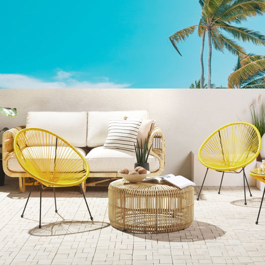Set Of 2 Yellow PE Rattan Papasan Chairs Modern Outdoor Garden Seating For Patio