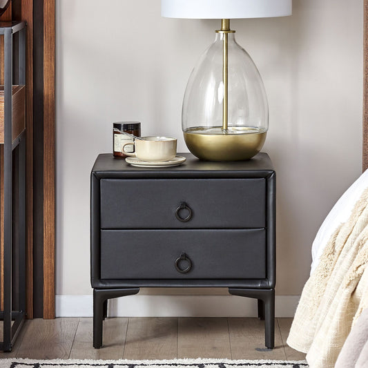 Bedside Table Black PU Leather Two Drawer Nightstand 44 x 38
