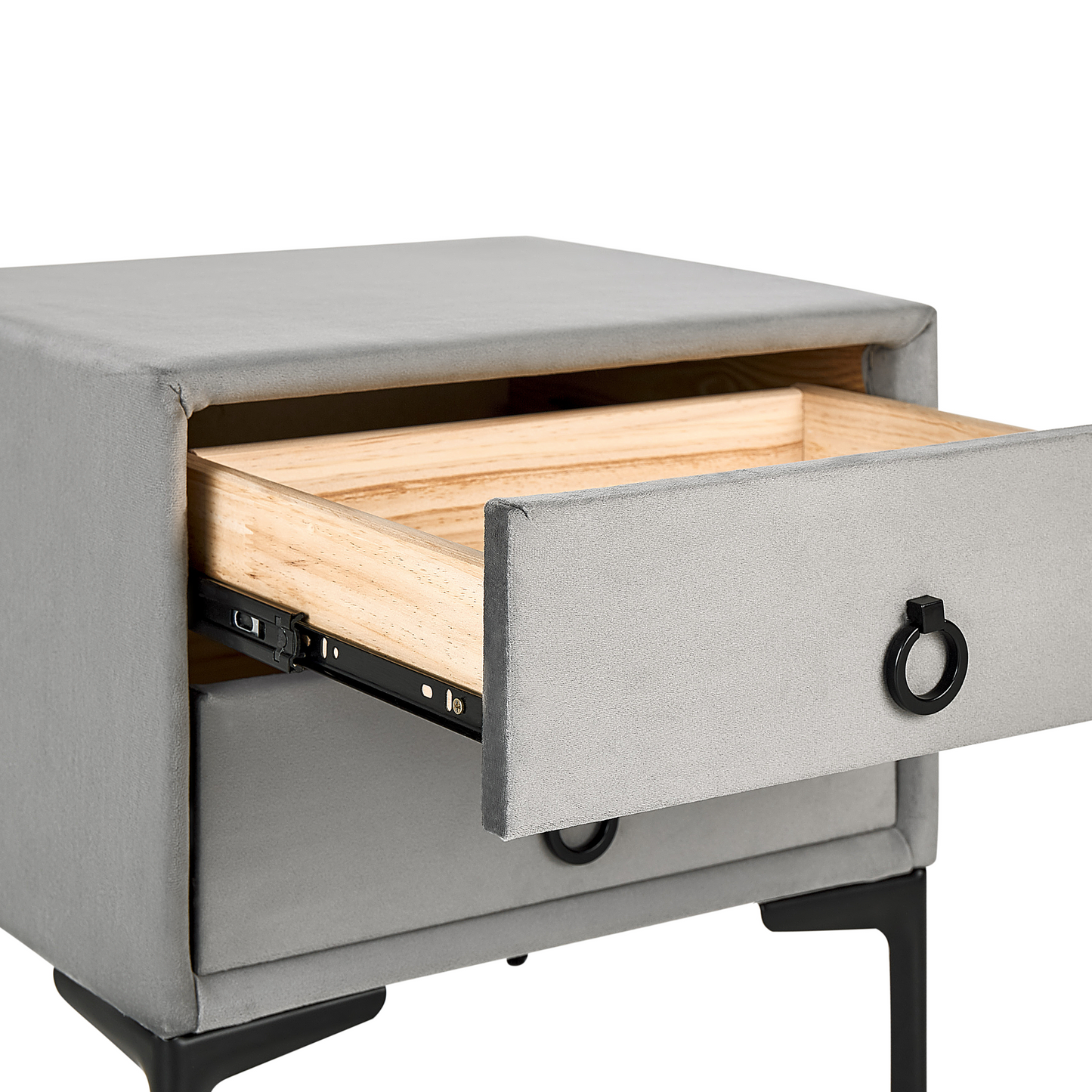 BedsideTable Velvet Grey Black Metal Legs 2 Drawers 44 x 38cm