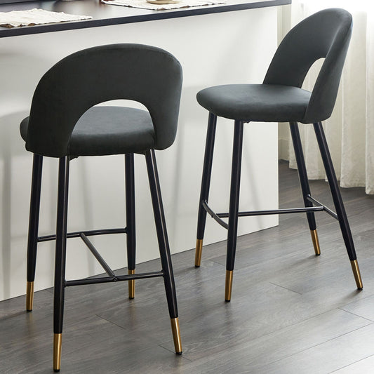 Black Velvet Bar Chairs Set With Gold Ends Retro 2 Pack