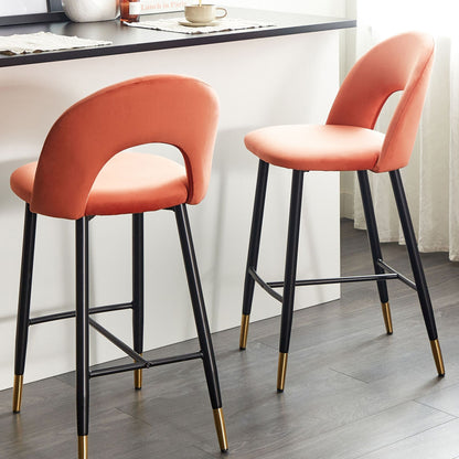 Set Of 2 Bar Chairs Coral Red Velvet Upholstery With Black Steel And Golden Ends Retro Dining