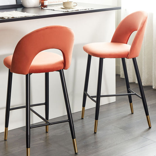 Set Of 2 Bar Chairs Coral Red Velvet Upholstery With Black Steel And Golden Ends Retro Dining