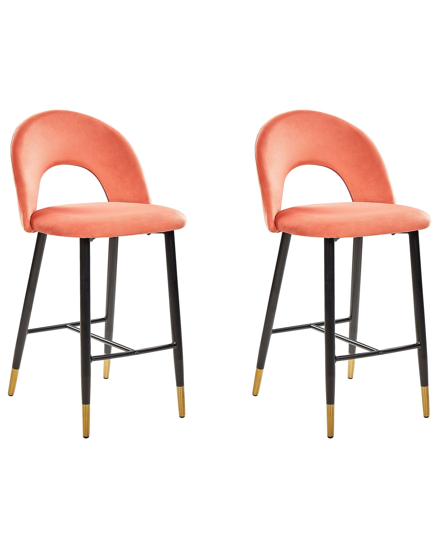Set Of 2 Bar Chairs Coral Red Velvet Upholstery With Black Steel And Golden Ends Retro Dining