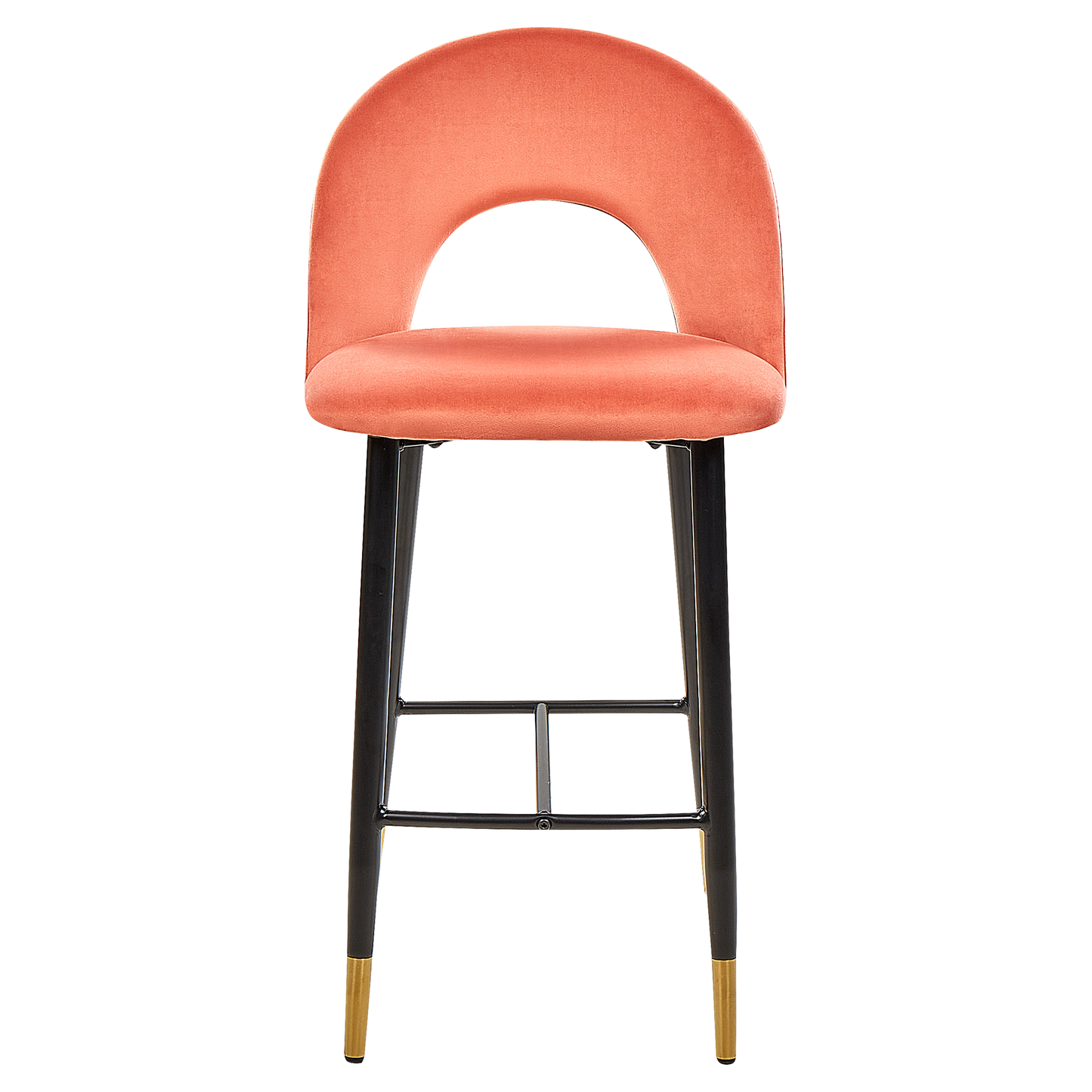 Set Of 2 Bar Chairs Coral Red Velvet Upholstery With Black Steel And Golden Ends Retro Dining