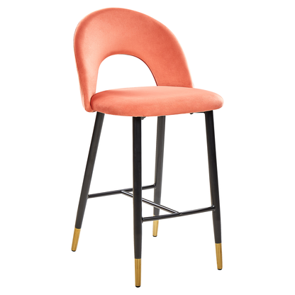 Set Of 2 Bar Chairs Coral Red Velvet Upholstery With Black Steel And Golden Ends Retro Dining