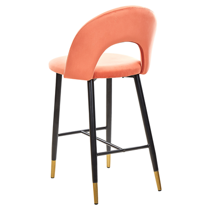 Set Of 2 Bar Chairs Coral Red Velvet Upholstery With Black Steel And Golden Ends Retro Dining