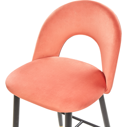 Set Of 2 Bar Chairs Coral Red Velvet Upholstery With Black Steel And Golden Ends Retro Dining