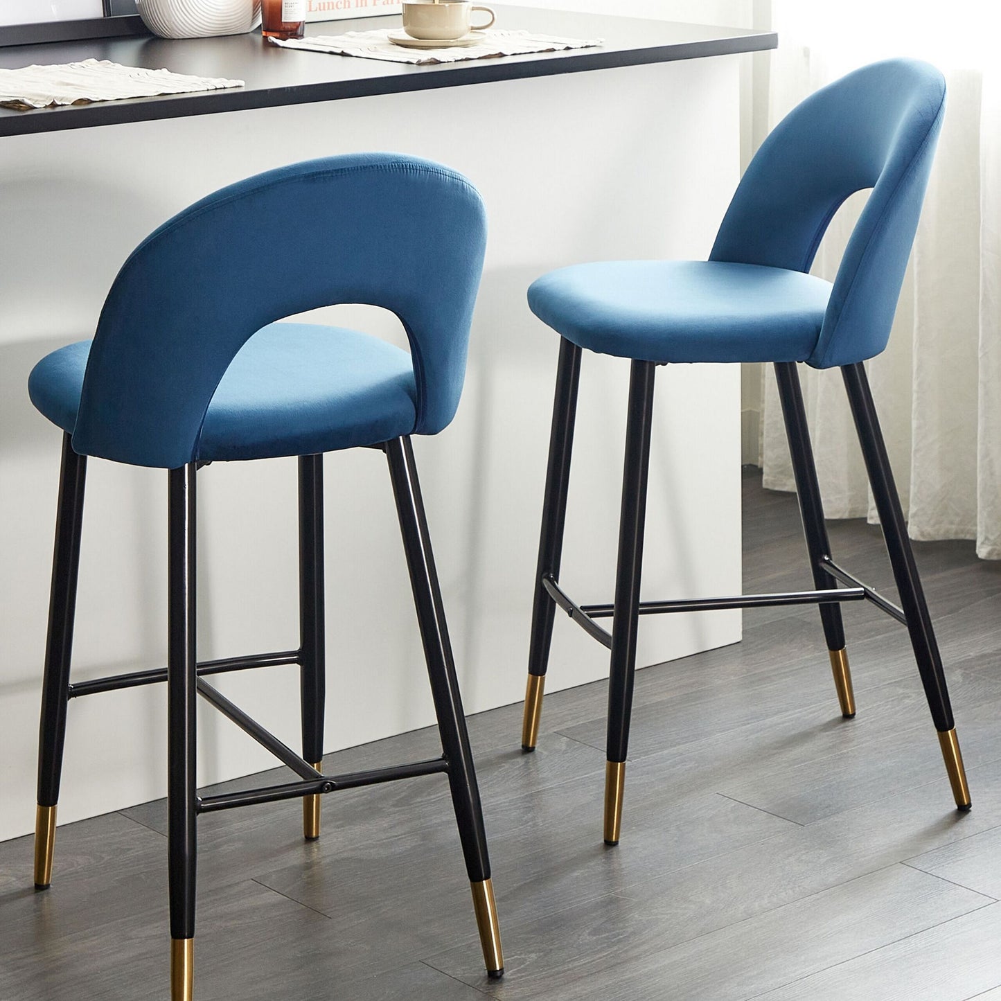 Blue Velvet Bar Chairs Set of 2 Black Steel Golden Ends
