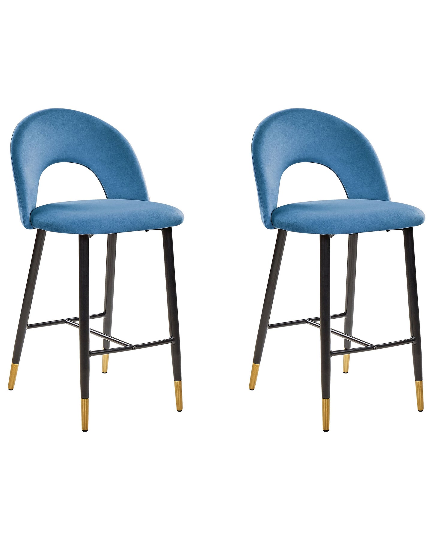 Blue Velvet Bar Chairs Set of 2 Black Steel Golden Ends