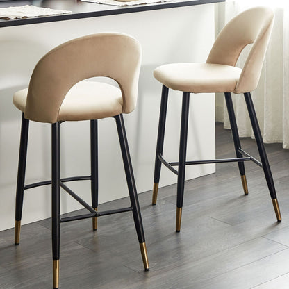 Beige Velvet Bar Chairs Set Of 2 With Gold Ends
