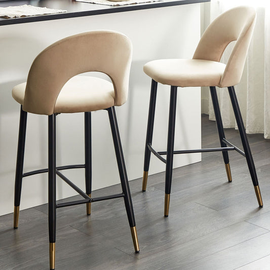 Beige Velvet Bar Chairs Set Of 2 With Gold Ends