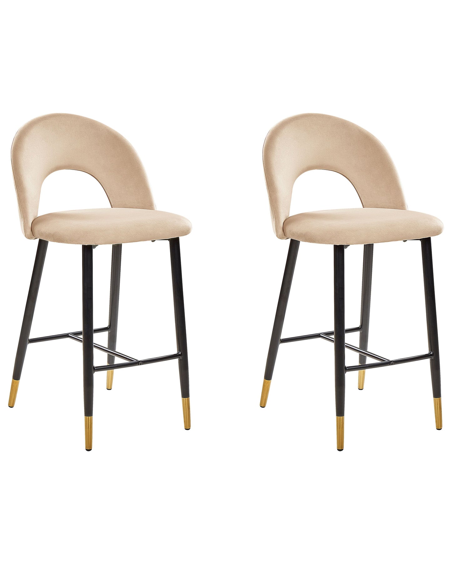 Beige Velvet Bar Chairs Set Of 2 With Gold Ends