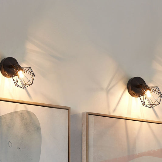 Set Of Two Wall Lamps Black Metal Cage Shade Adjustable Light Position Modern