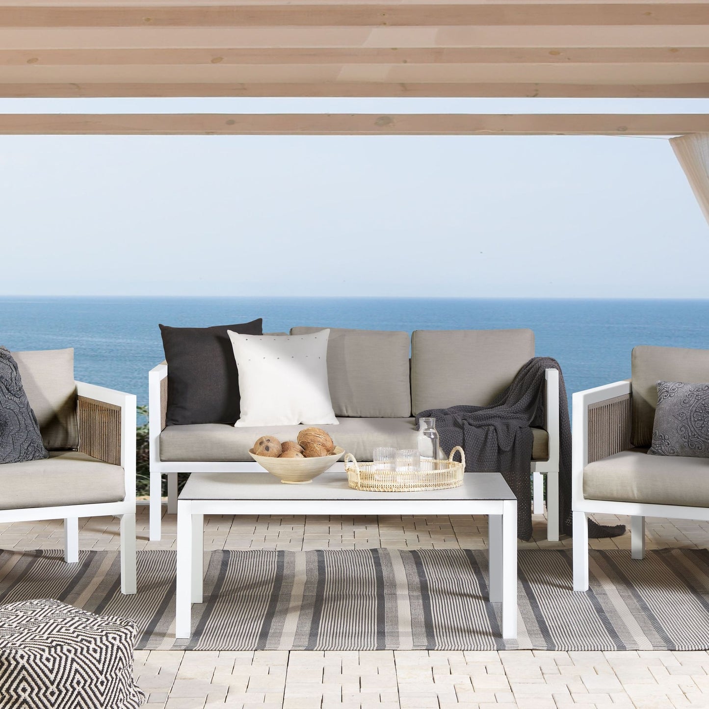 5 Seater Garden Sofa White and Brown Aluminium Cushioned Outdoor Set All Weather