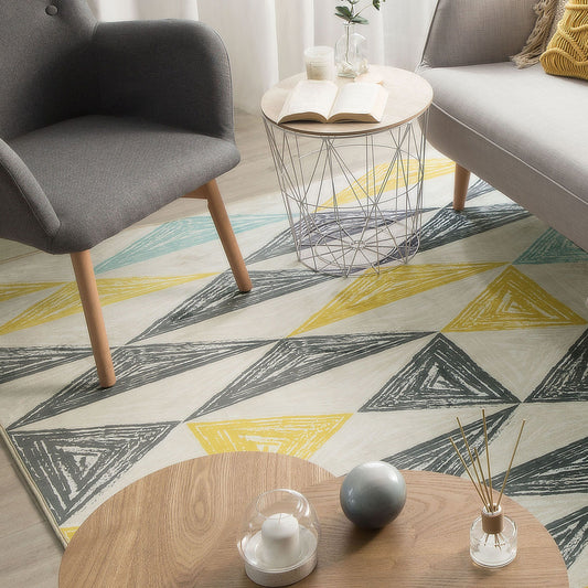 Geometric Area Rug Grey Yellow 140 x 200 Low Pile