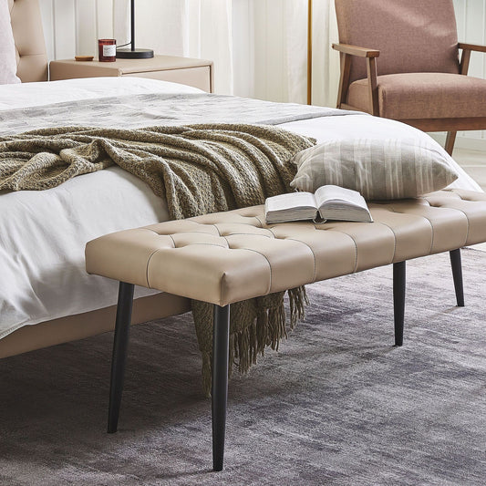 Beige Faux Leather Buttoned Bedroom Bench With Sturdy Metal Legs For Modern Bedrooms