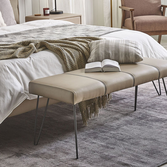 Beige Faux Leather Bedroom Bench With Metal Legs