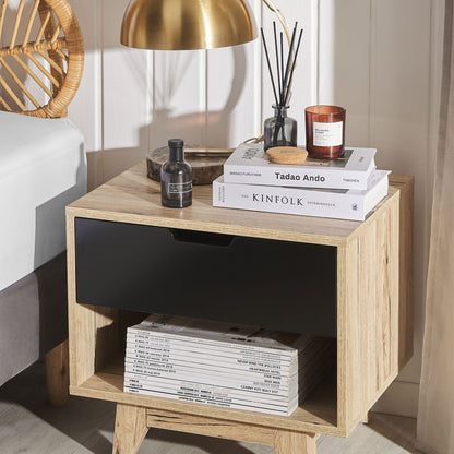 Minimalist Bedside Table Brown Black 1 Drawer 46 x 50cm