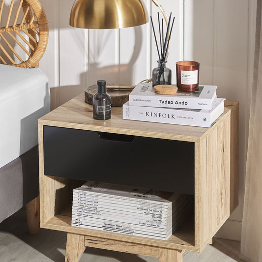 Minimalist Bedside Table Brown Black 1 Drawer 46 x 50cm