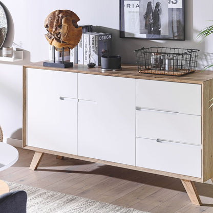 Sideboard White And Light Brown 3 Drawers 2 Cabinets