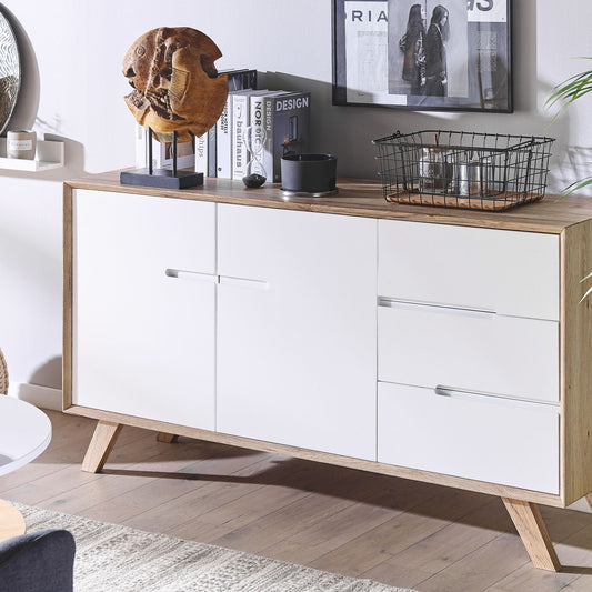 Sideboard White And Light Brown 3 Drawers 2 Cabinets