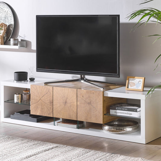 Nova Home TV Stand White Light Wood MDF Glass 160 cm Up To 70 Inch
