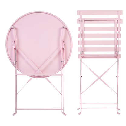 Pastel Pink 3 Piece Bistro Set Folding Metal Chairs Table