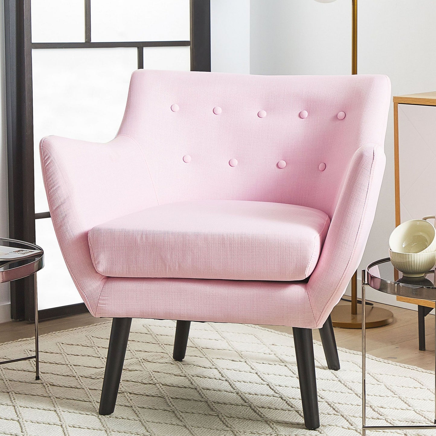 Armchair Pink Fabric Black Legs Button Tufted Back Modern Retro Design Edition