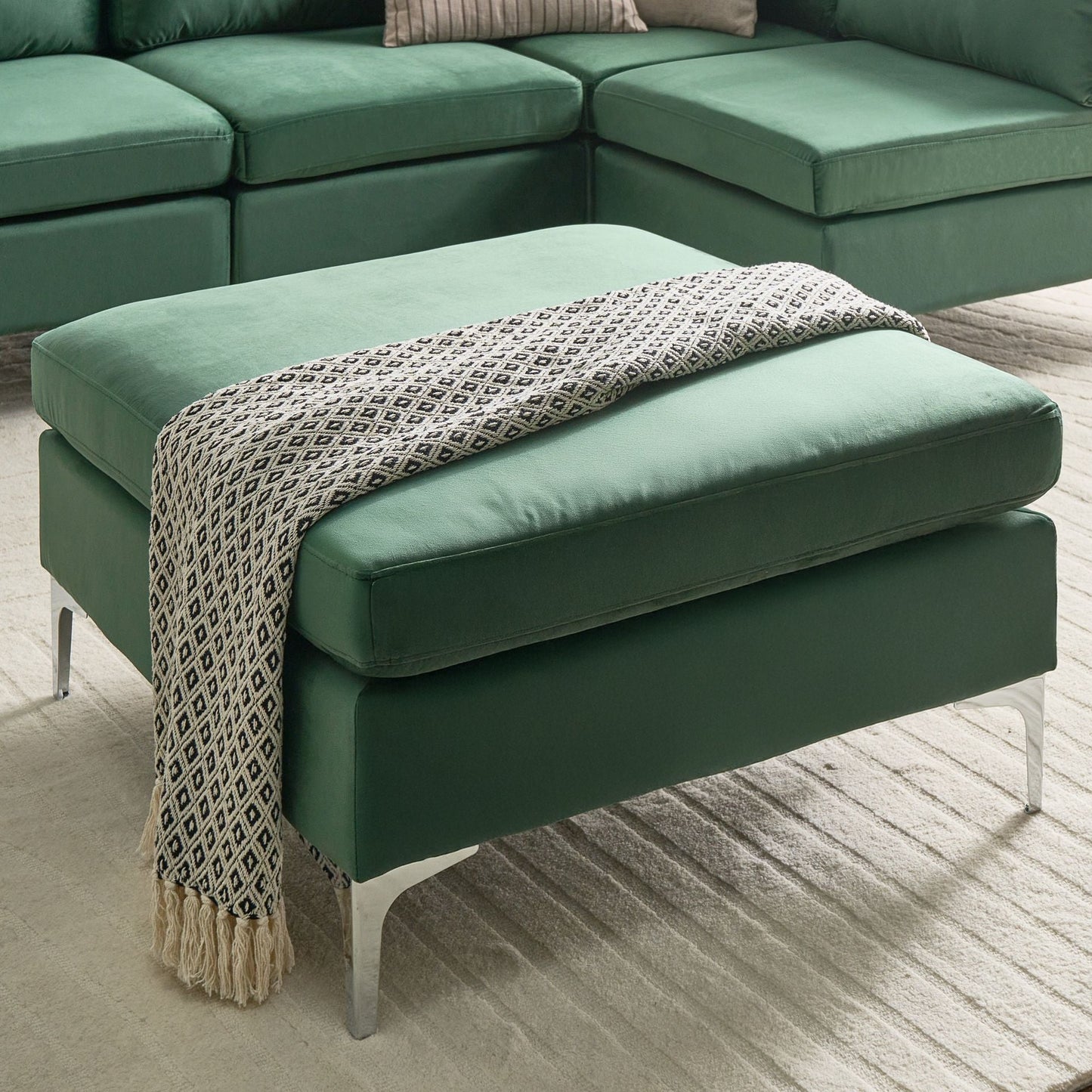 Ottoman Green Velvet Top Pillow With Silver Metal Legs